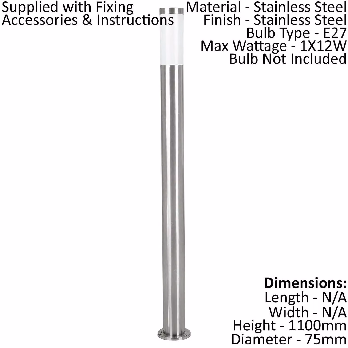 Loops IP44 Outdoor Stainless Steel Bollard Light in Silver, 12W E27, Height: 110 cm – 2