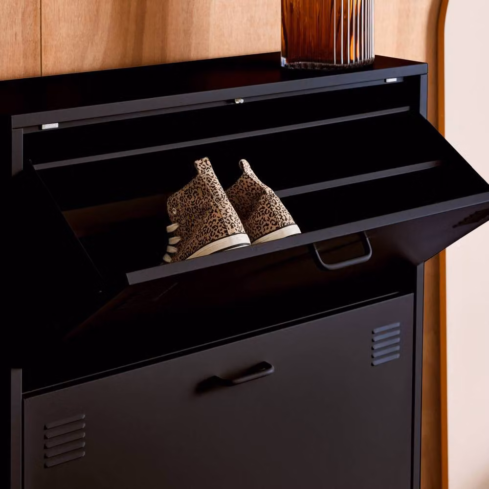 sweeek Industrial Metal Shoe Cabinet with Roll Shutter Doors and Tilting Compartments in Black and Beige, W/D/H: 80.0 x 29.0 x 132.5 cm – 3