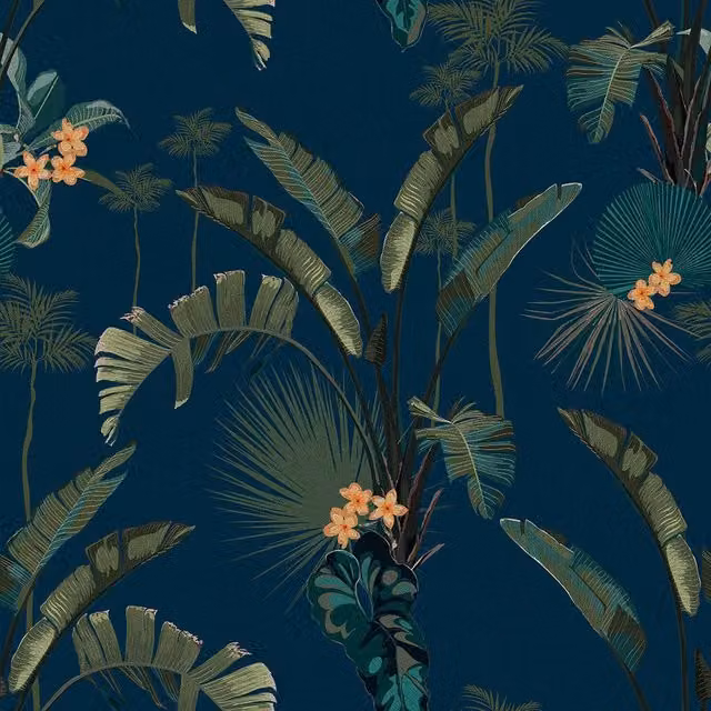 I Love Wallpaper Tropical Paradise Botanical Floral Wallpaper in Navy Blue and Yellow