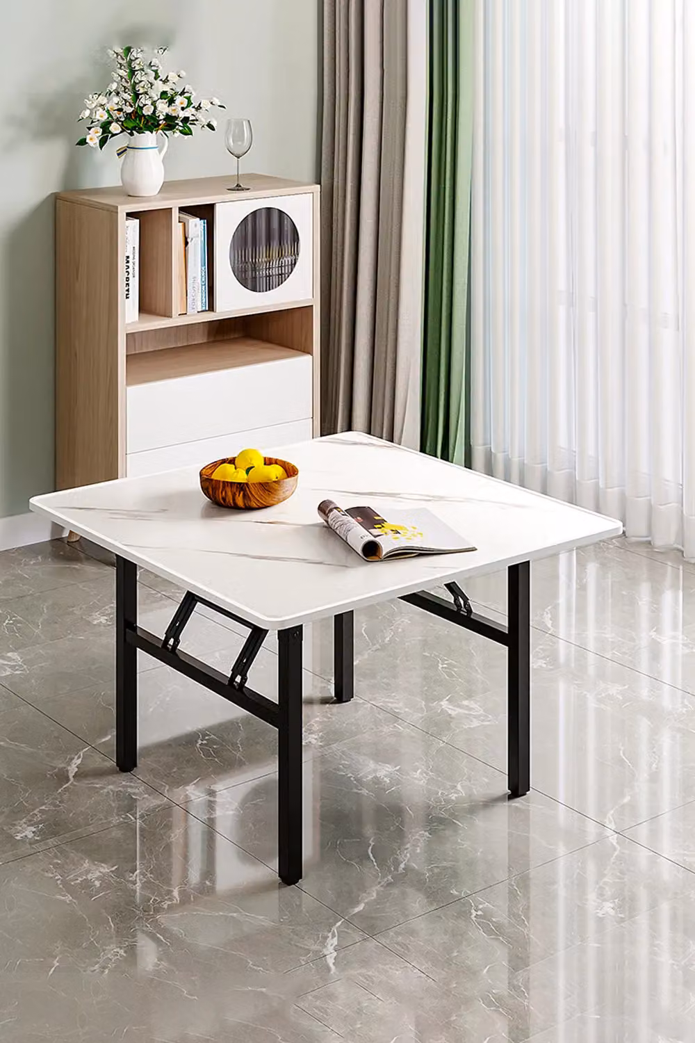 Living and Home Square 80cm Folding Coffee and Dining Table with White Marble Effect Top – 2