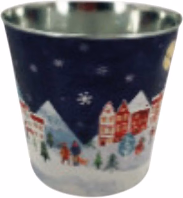 Four Candle Blue Christmas Village Scene Decorative Metal Pot Planter, Diameter: 23 cm