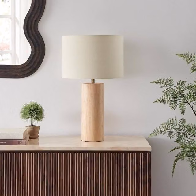 FurnitureboxUK Connie Wood Cylindrical Pillar Table Lamp in Brown and Beige – 1