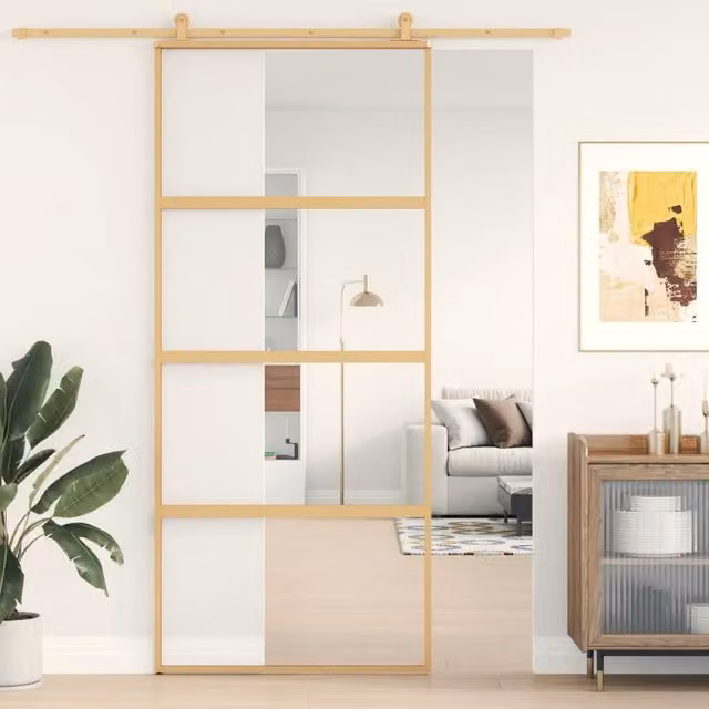 Berkfield Home Modern Sliding Door in Gold with Transparent ESG Glass and Aluminium, W: 90 cm, H: 205 cm