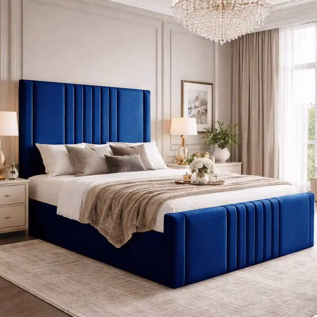 Desire Deco Haisley Ottoman Storage Bed Frame in Blue Plush Velvet, Small Double