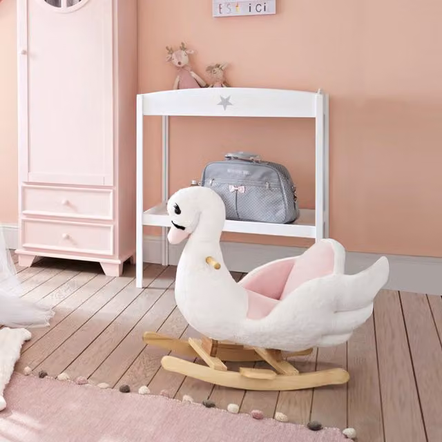 HOMCOM Plush Swan Rocking Horse Ride On Toy for Kids in Pink and White