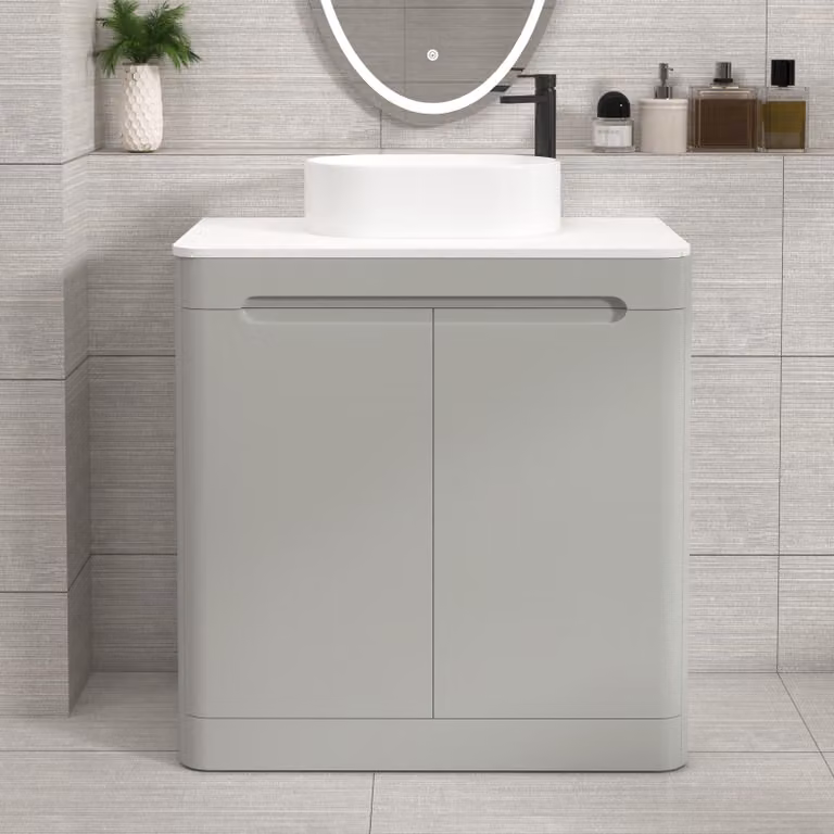 Royal Bathrooms Venice 800mm Floor Standing 2 Door Vanity Unit in Dove Grey with Plain White Worktop and Peak Basin
