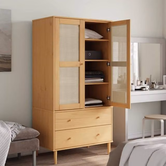 Berkfield Home SENJA Wardrobe in Brown Rattan Look Solid Pine Wood W/D/H: 90 x 55 x 175 cm