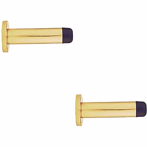 Loops 2 Pack Rubber Tipped Cylinder Doorstop with Rose, Wall Mounted, Polished Brass, 83mm