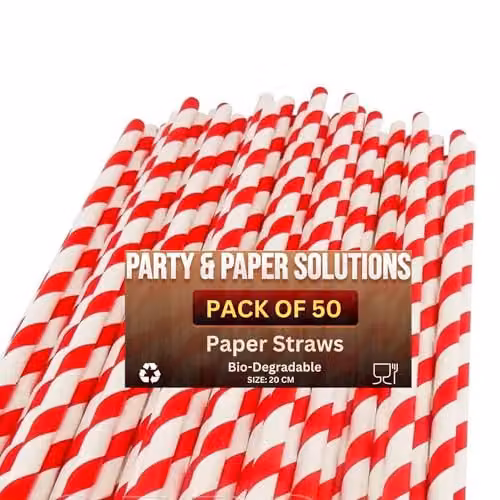 Party & Paper Solutions Biodegradable Red and White Striped Paper Straws, 50 Pack – 3