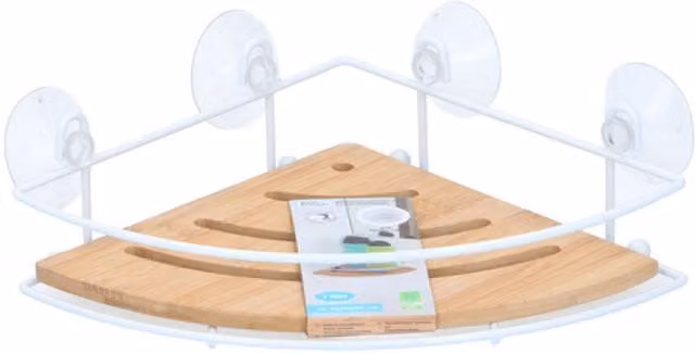 UMKY Corner Caddy Bathroom Organiser, White and Multicolour Wood, Wall Mounted with Suction