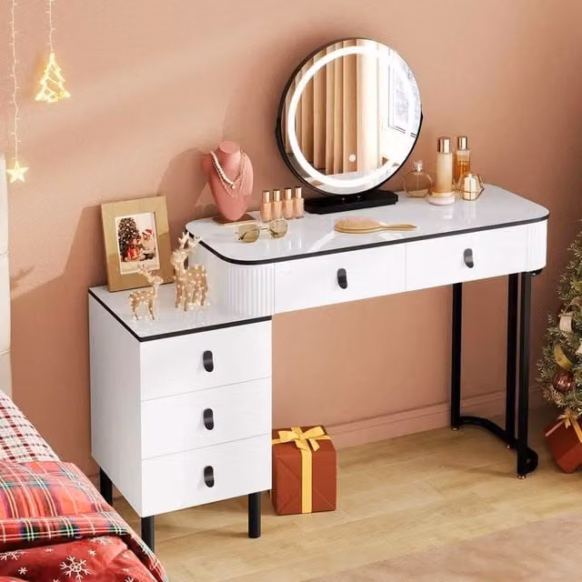 SPETLEK White Modern Dressing Table with Dimmable Hollywood LED Round Mirror – 1