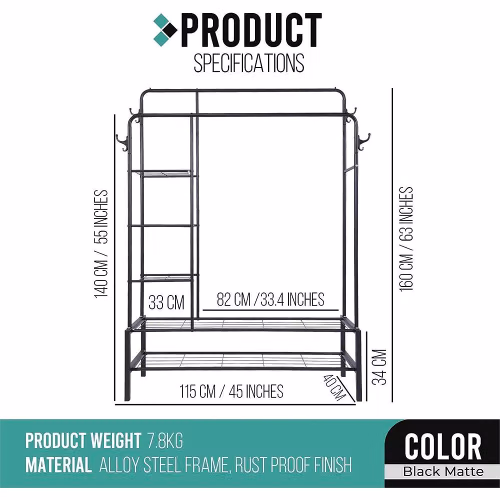 Nordara Heavy Duty Metal Clothes Rail with Dual Hook and Rail Matrix in Black H 160 x W 115 x D 40 cm – 2