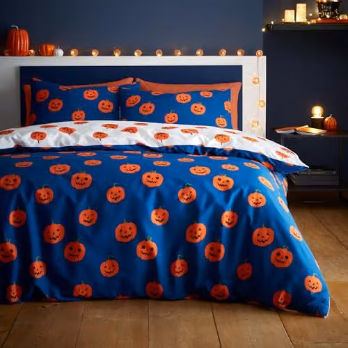 Catherine Lansfield Halloween Pumpkins Reversible King Duvet Cover Set with Pillowcases, Navy Blue, W: 230 cm, H: 220 cm, D: 220 cm