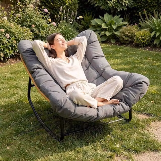Gartistgo Oversized Egg-Shaped Rocking Chair with Thick Cushion and Metal Frame in Dark Grey