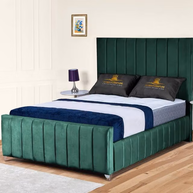 UK Bed Furniture Milano King Size Upholstered Velvet Slatted Base Bed in Green W/D/H: 180 x 200 cm