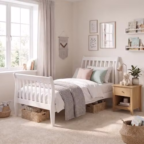 Junior Vida Orion Single Kids Sleigh Bed Frame in White Solid Pine Wood H 100 x W 95 x D 213 cm – 2