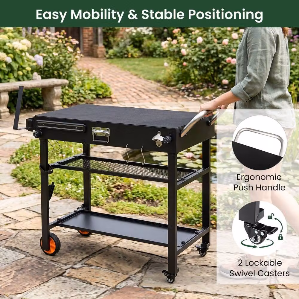 Costway 3-Tier Folding Metal Grill Cart with Wheels and Hooks in Black – 7