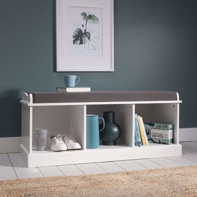 Noa and Nani Stockholm Storage Bench in White with Grey Fabric, W: 111.5 cm