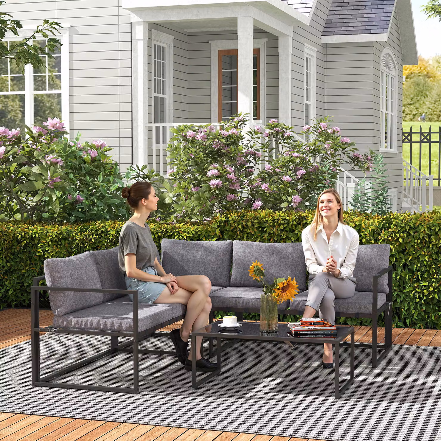 Outsunny L-Shaped Garden Corner Sofa Set with Tempered Glass Coffee Table and UV-Resistant Upholstered Cushions, Grey – 8