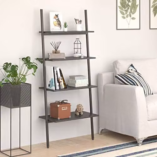 vidaXL 4-Tier Modern Leaning Ladder Shelf in Black, W: 64 cm, D: 34 cm, H: 150.5 cm – 2