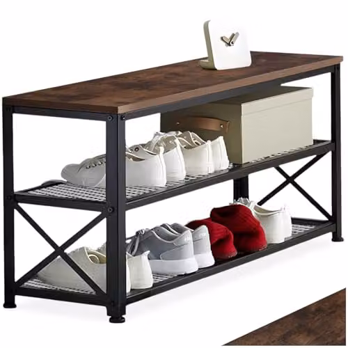tectake 3-Tier Industrial Shoe Rack with Wood-Look Top Shelf and 2 Grid Shelves, Black W/D/H: 101 x 30.5 x 45.5 cm