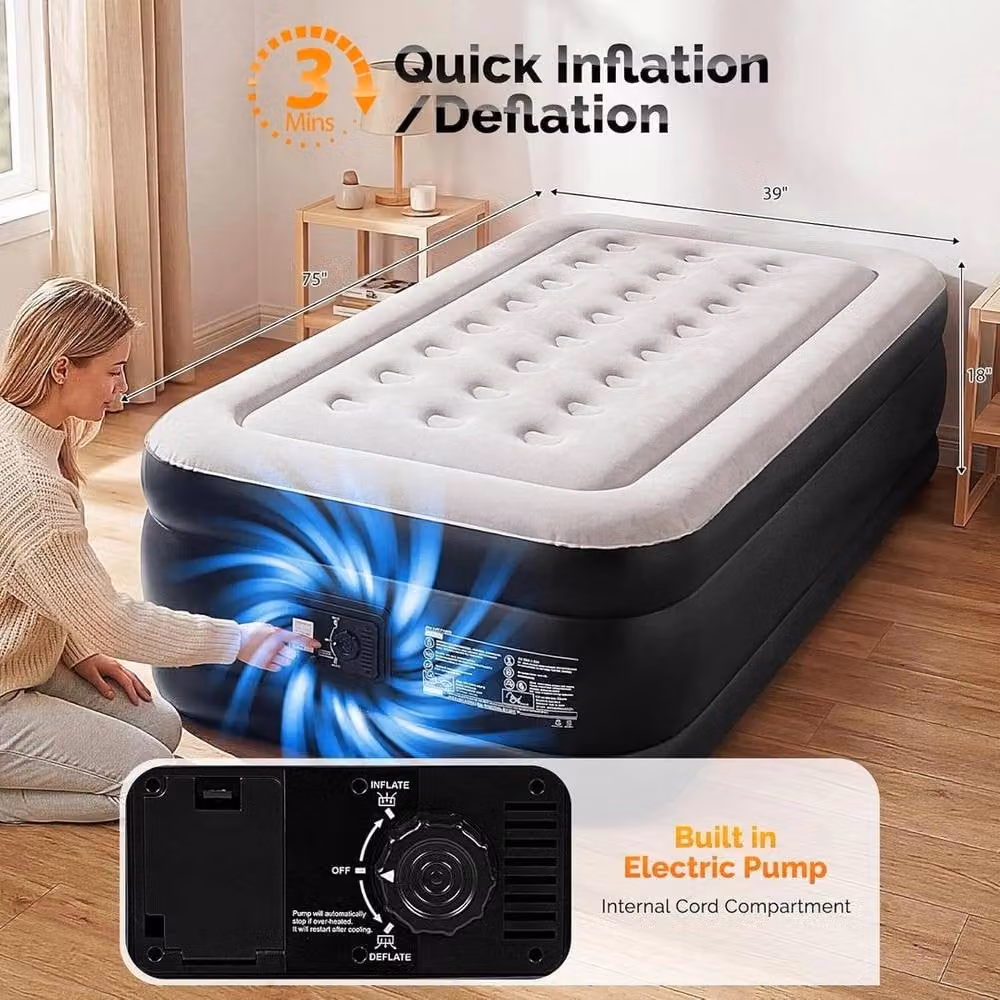 NESTLUNE Single Inflatable Air Bed Mattress with Built-in Electric Pump in Black, Cot Bed Size – 3