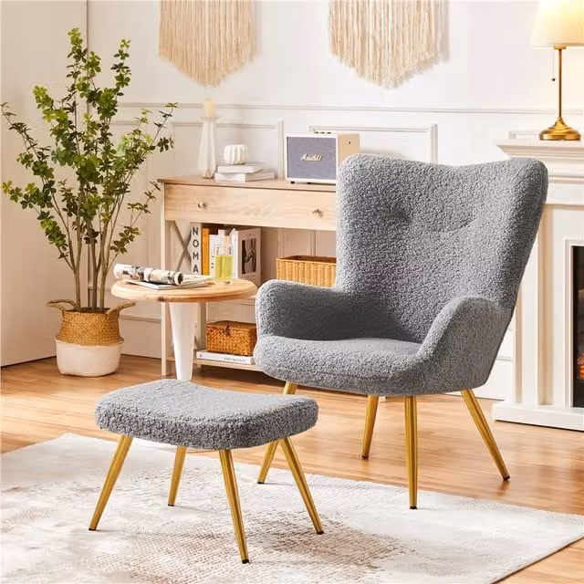 Yaheetech Grey Bouclé Accent Chair and Ottoman Set with Armrests