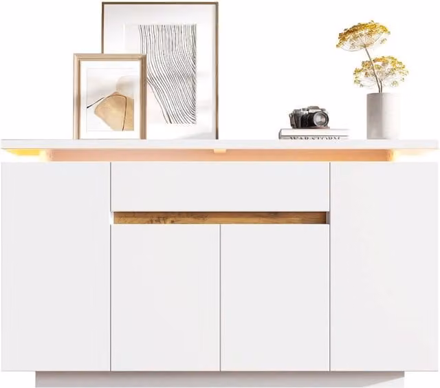 Rolipo Modern LED Sideboard White 4 Door 1 Drawer Storage Cabinet W: 140 cm – 1