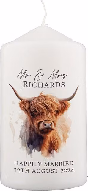 Personalised Memento Company Women's Personalised Highland Cow Pillar Candle in Off-White