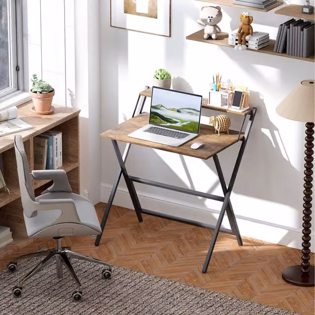 HOMCOM Brown Folding Computer Desk with Rectangular Wood Top and X-Frame Design