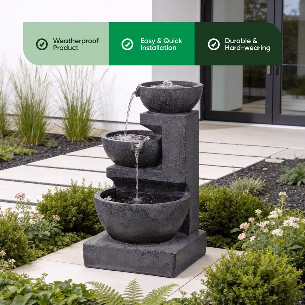 Gardenwize Solar Cascading Ceramic Water Feature with Battery Backup in Dark Grey, H 61.0 cm x W 34.0 cm x D 34.0 cm – 3