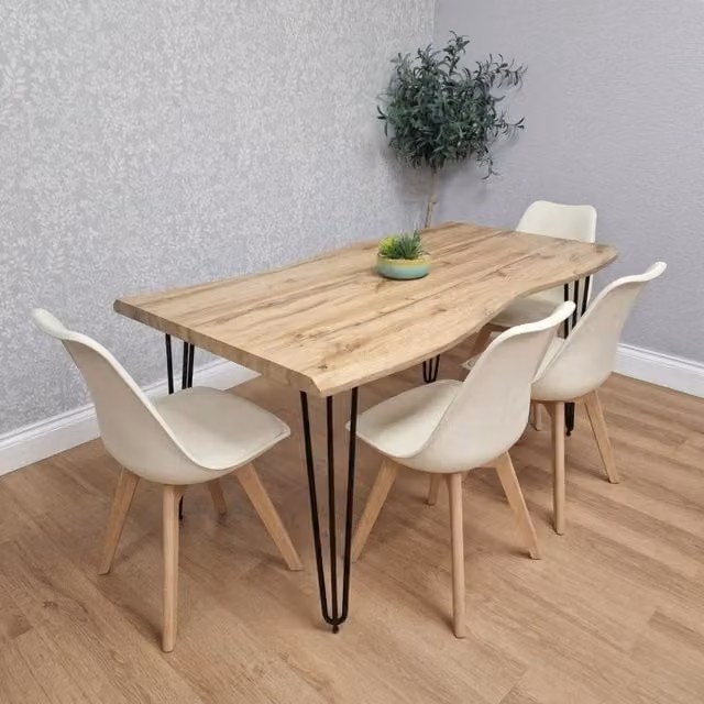 Kosy Koala Industrial Dining Set with Rectangular Beech Wood Table and 4 Cream Chairs in Brown and Black