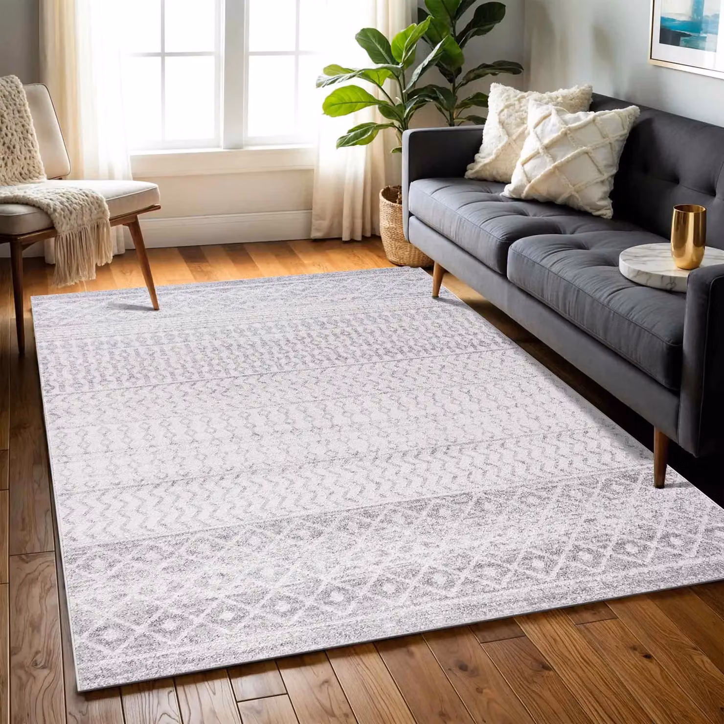 Livabliss Elaziz Geometric Machine Woven Rug in Grey, White and Beige, W: 80 cm, L: 230 cm – 2