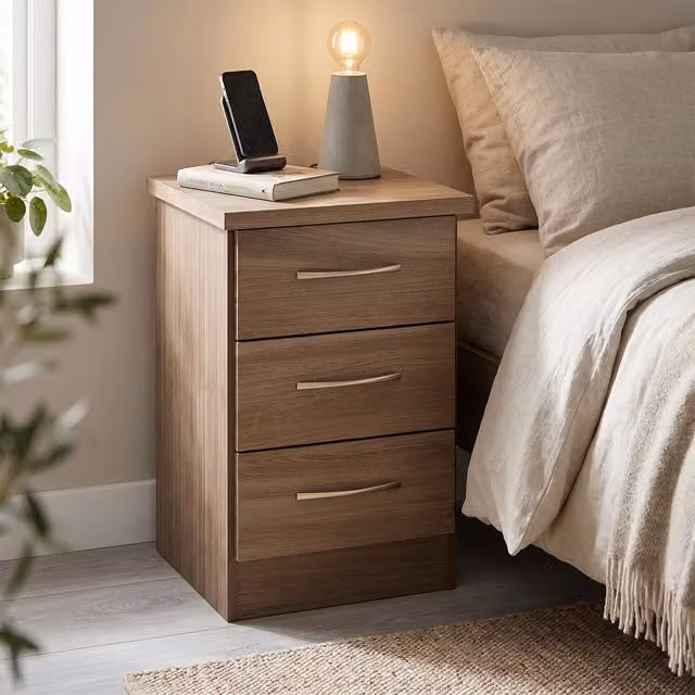 Seconique Nevada 3 Drawer Bedside Table in Rustic Oak and Bronze