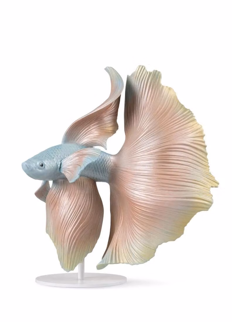 Lladró Betta Fish Sculpture in Multicolour Orange and Blue Porcelain