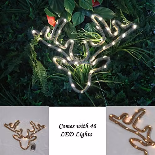 Shatchi Christmas Stag Reindeer Head Silhouette LED Hemp Rope Lights in Brown and Beige – 4