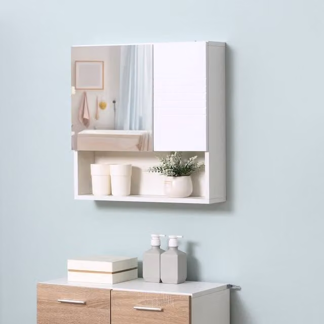 kleankin Wall-Mounted White Glossy Bathroom Mirror Cabinet with Double Hinged Doors and Internal Shelves W/D/H: 55 x 11.5 x 54 cm – 1