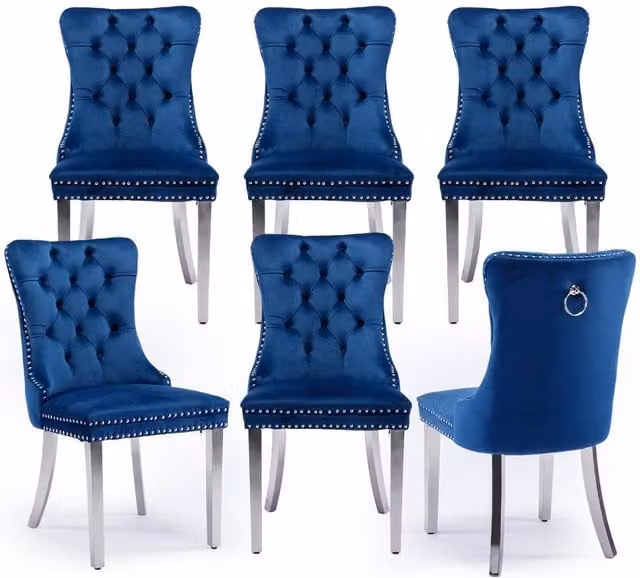 HomeTouch Winchester Set of 6 Blue Velvet Upholstered Kitchen Dining Chairs with Silver Chrome Legs – 1