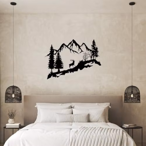 YOUR HOME RULEZ Large Black Mountain and Deer Metal Wall Art, 75 cm – 3