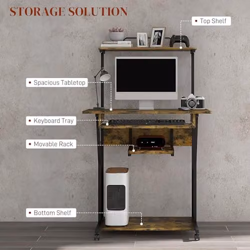 HOMCOM Industrial Mobile Computer Desk in Brown with Castors, W/D/H: 80 x 50 x 130 cm – 4