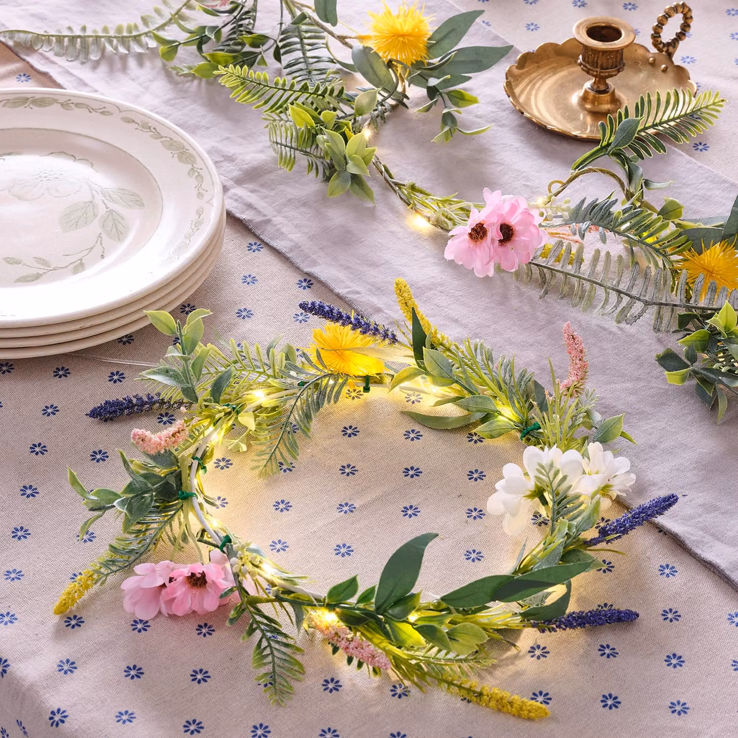 Pre Lit Spring Flower Wreath and Garland in Multicolour