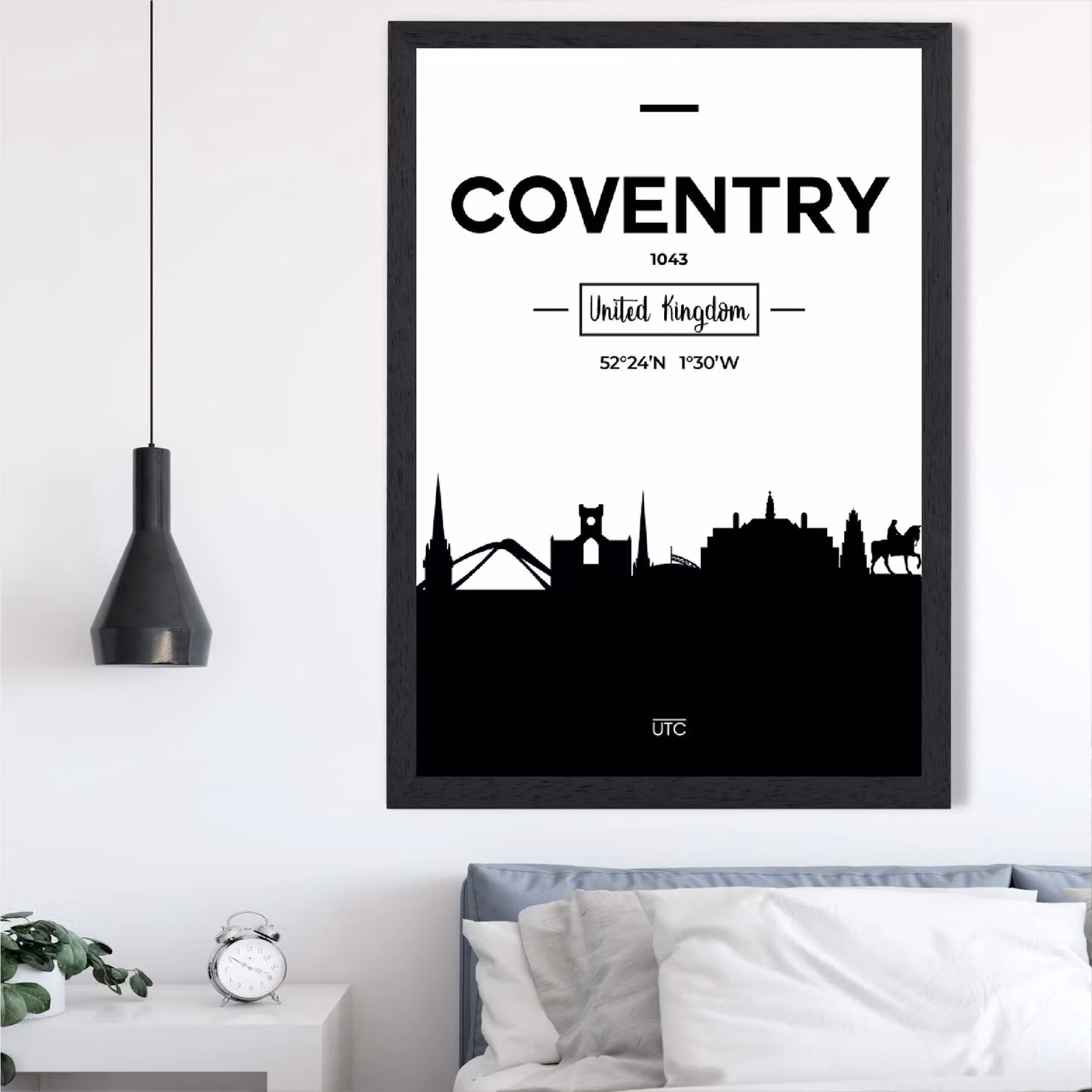 ARTZE Coventry Black and White City Skyline Framed Paper Poster Print with Black Frame, Size: A2 – 2