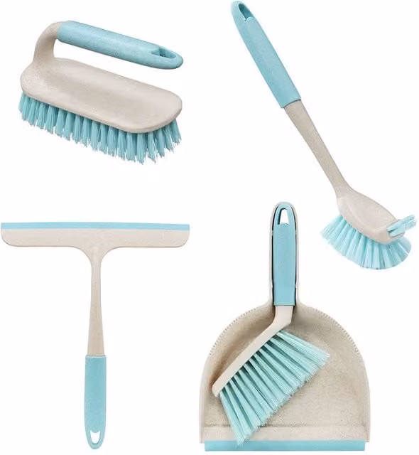 JVL Pro Anti-Bac Cleaning Essentials Bundle in Blue and Grey including Mini Dustpan, Scrubbing Brush, Dish Brush and Window Squeegee