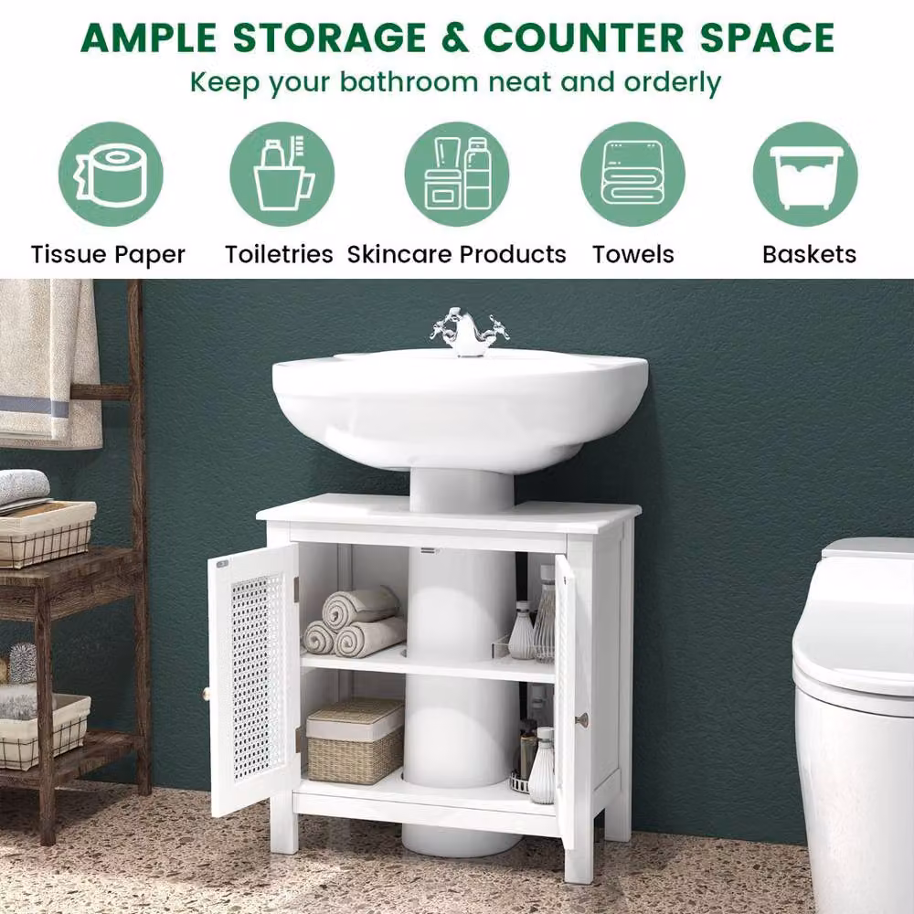 Costway White Pedestal Sink Storage Cabinet with 2 Rattan Hinged Doors and Internal Shelves – 5