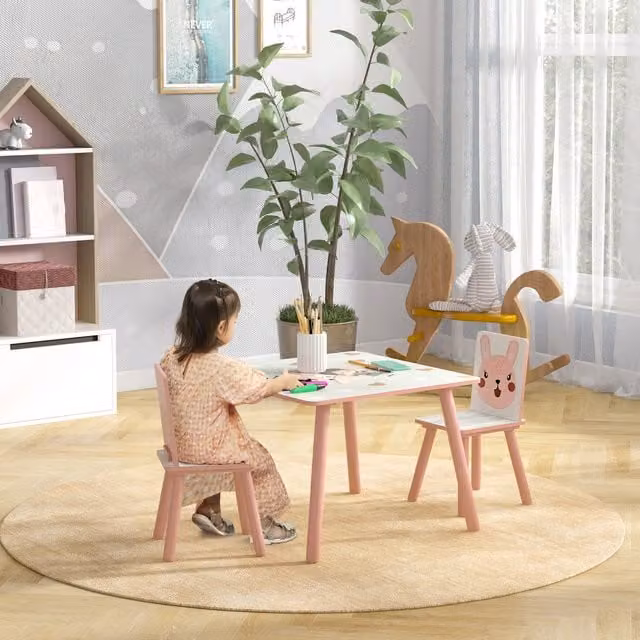ZONEKIZ Kids Table and 2 Chairs Set, Pink Childrens Desk for Childrens Rooms