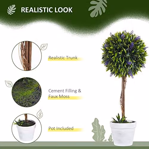 HOMCOM Set of 2 Potted Artificial Lavender Ball Trees in Green, Height: 60 cm – 3