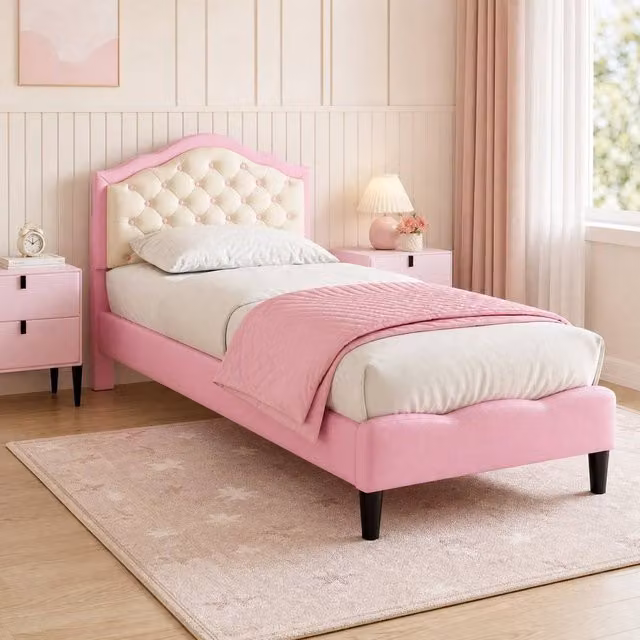 STILVORA 3ft Single Upholstered Bed Frame with Adjustable Headboard in Pink, W/D/H: 90 x 190 cm – 1