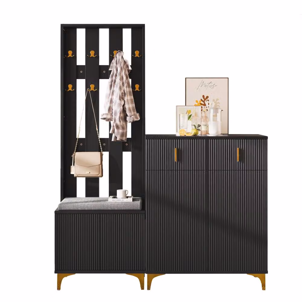 BTM Modern Glossy Wardrobe Set with Shoe Bench, Hooks, Drawers and Cabinet Doors in Black and Gold, H 180.5 x W 60.5 x D 35.2 cm – 2