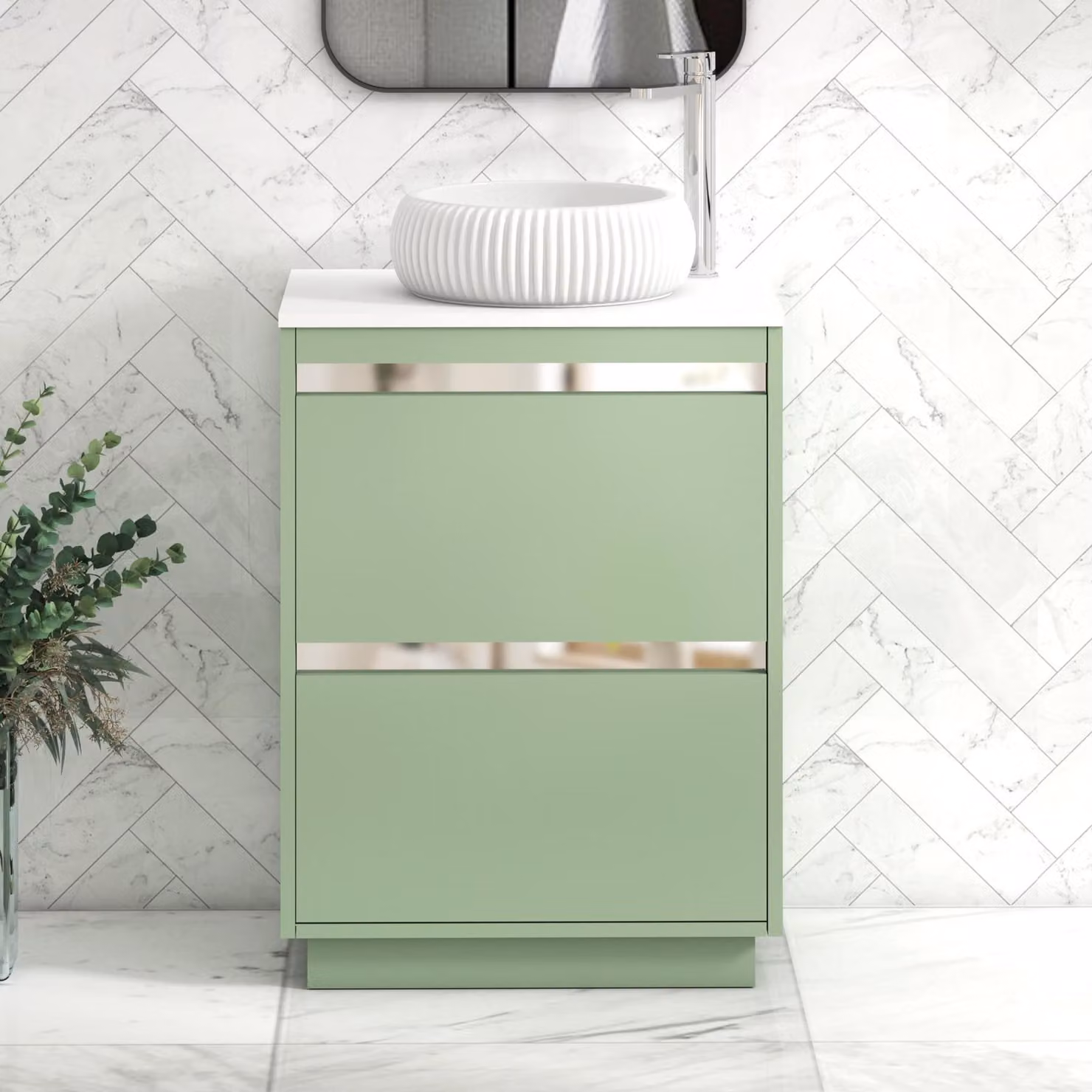 Royal Bathrooms Orion 600mm Mint Sage Floor Standing 2 Drawer Vanity Unit with Milan Basin and Chrome Accent Trim