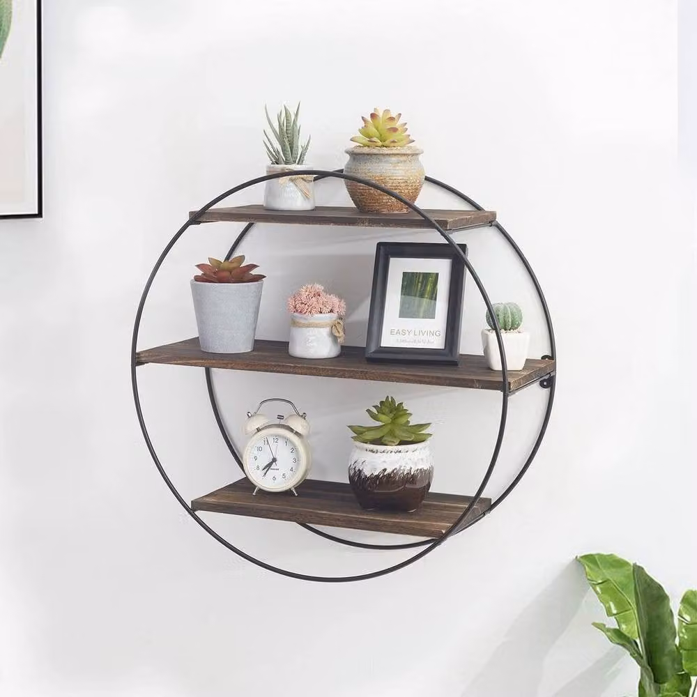 KORVIXA 3 Tier Round Wall Mounted Floating Shelves in Brown, W/D/H: 100 x 100 x 50 cm – 4